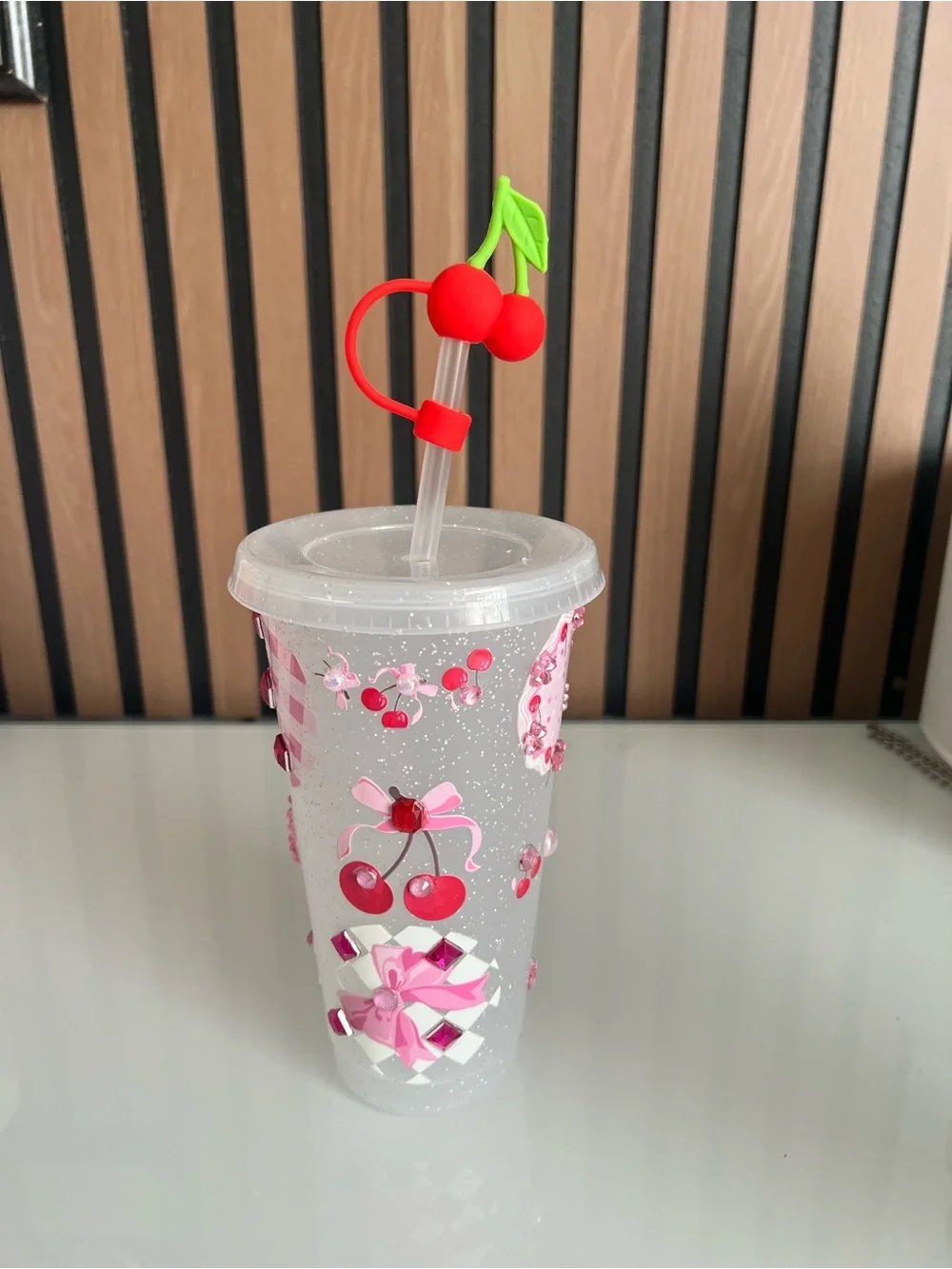 Pink Cherry Silicone Straw Tumbler Cup with Straw Charm
